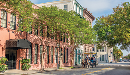 Horses pulling a carriage of people down a quiet street lined with a peach colored building and tall, green trees.