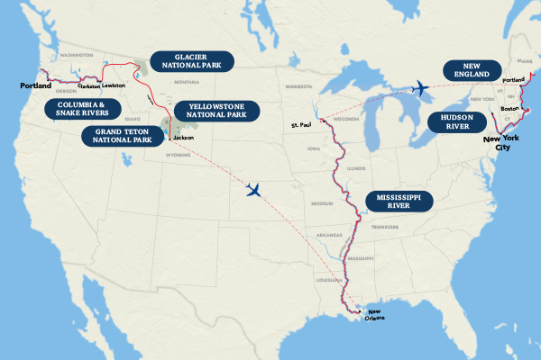 American Cruise Lines is pleased to announce the longest-ever domestic cruise itinerary. The Longest-Ever U.S. River Cruise Introducing The Great United States: Cruise 20 States in 60 Days (Image at LateCruiseNews.com - March 2023)