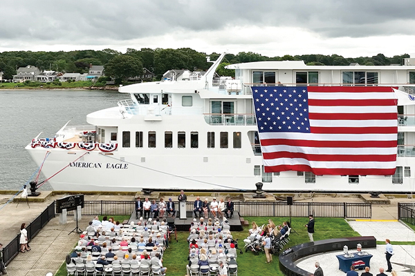 American Eagle Sets Sail from Boston: Celebrates Historic Christening on Buzzards Bay (Image at LateCruiseNews.com - August 2023)